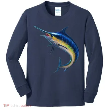 Leaping Blue Marlin Kids Long Sleeve Shirt