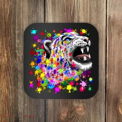 Leopard Cat Psychedelic Paint Splats Coaster