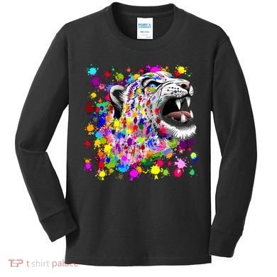 Leopard Cat Psychedelic Paint Splats Kids Long Sleeve Shirt