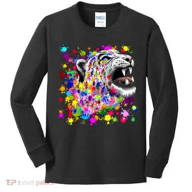 Leopard Cat Psychedelic Paint Splats Kids Long Sleeve Shirt
