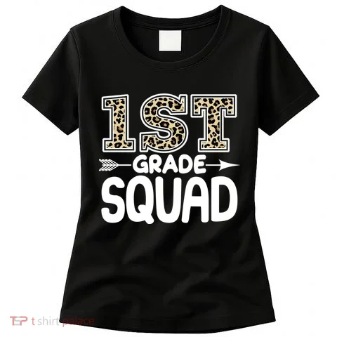 Leopard Print 1st Grade Squad Women's T-Shirt in the selected color