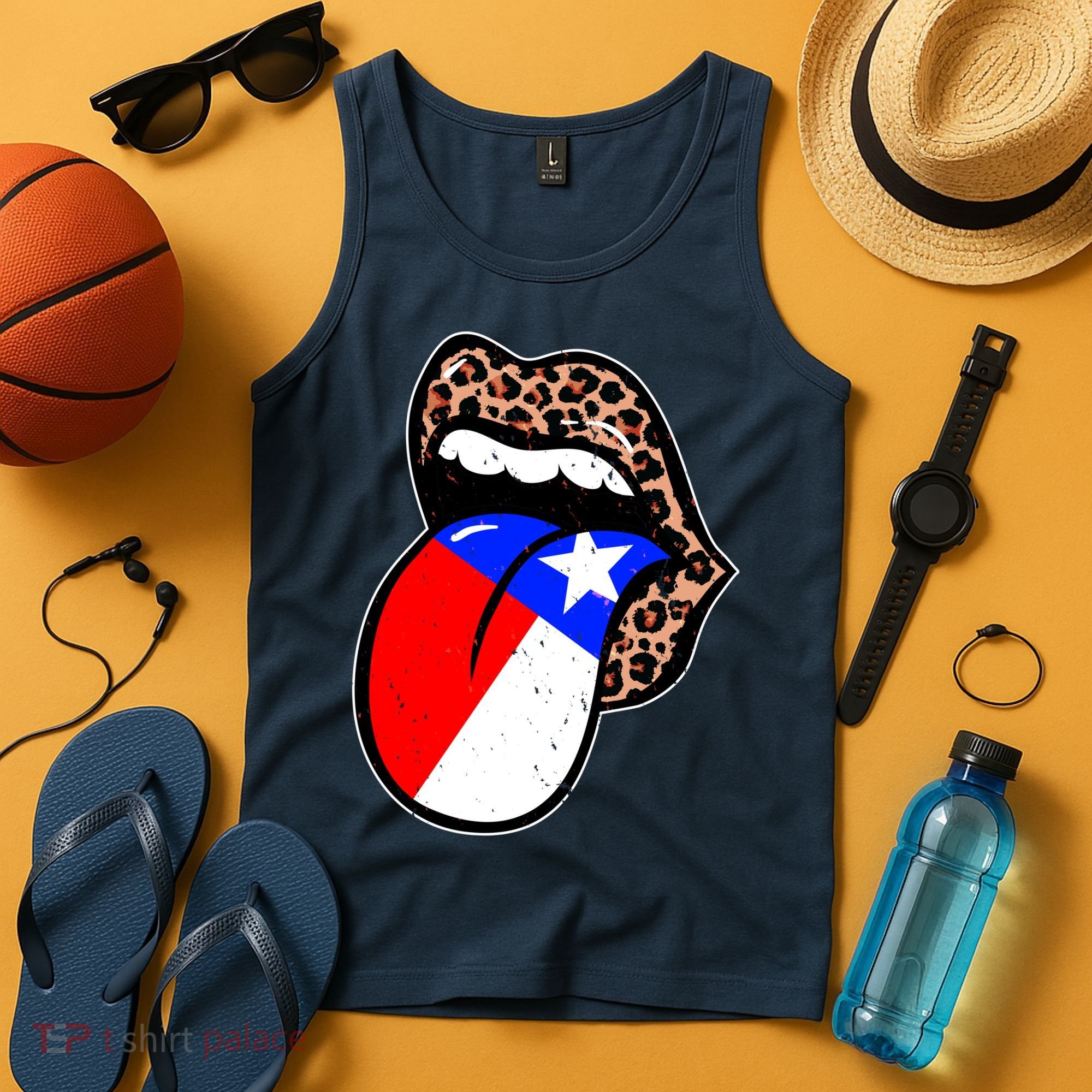 Leopard Print Lips with American Flag Tank Top