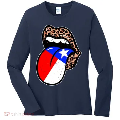 Leopard Print Lips with American Flag Women's Long Sleeve Shirt