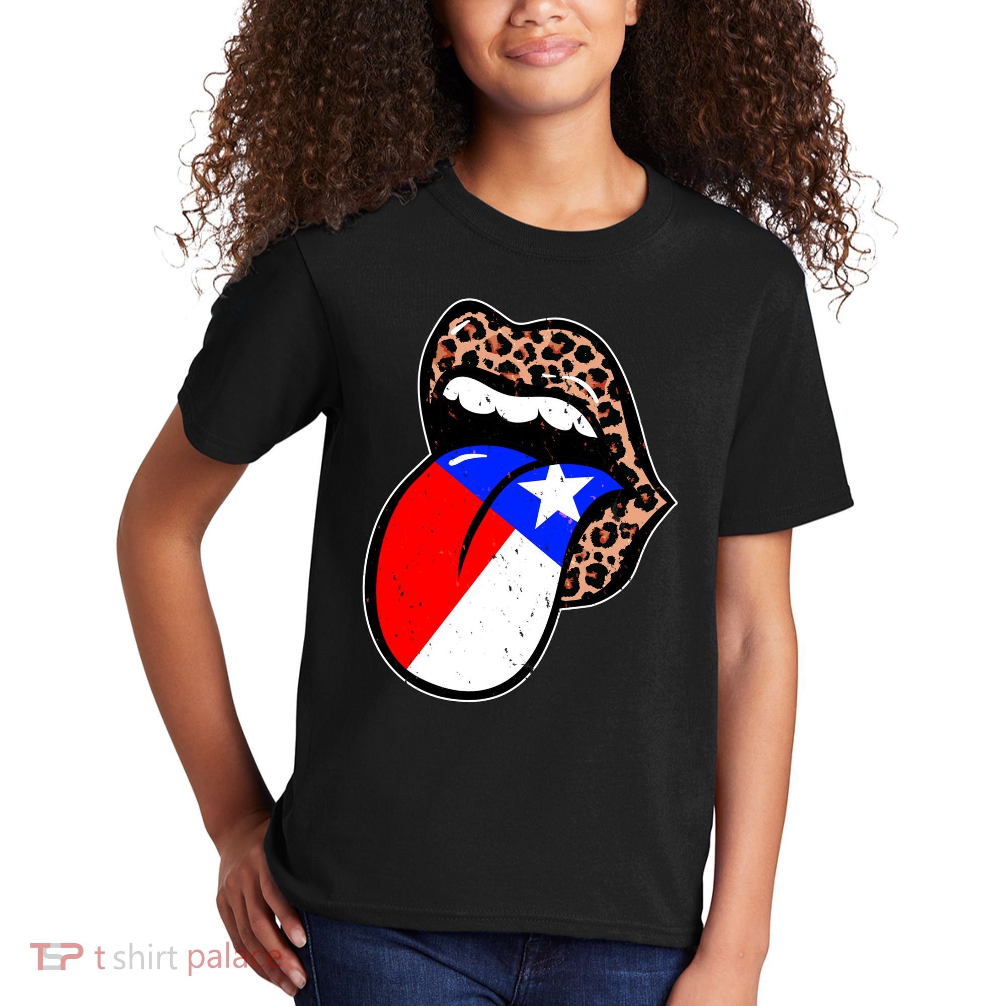 Leopard Print Lips with American Flag Kids T-Shirt