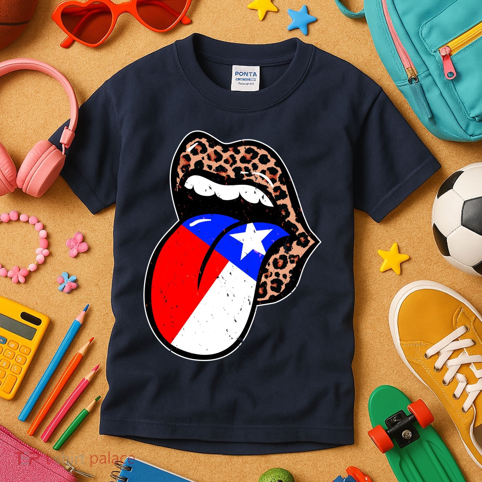 Leopard Print Lips with American Flag Kids T-Shirt