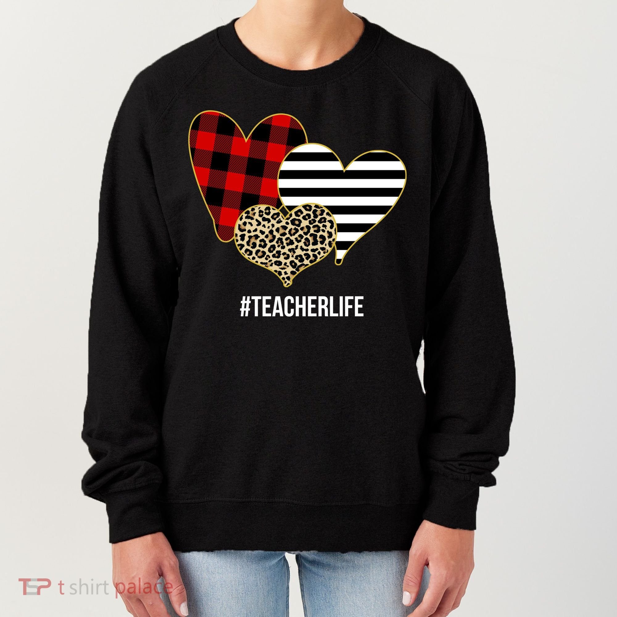 Leopard Red Plaid Striped Hearts Teacher Life Valentines Day Women's Sweatshirt
