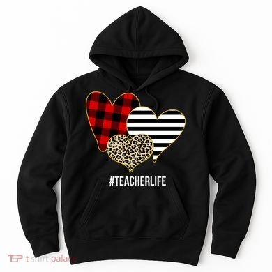 Leopard Red Plaid Striped Hearts Teacher Life Valentines Day Hoodie