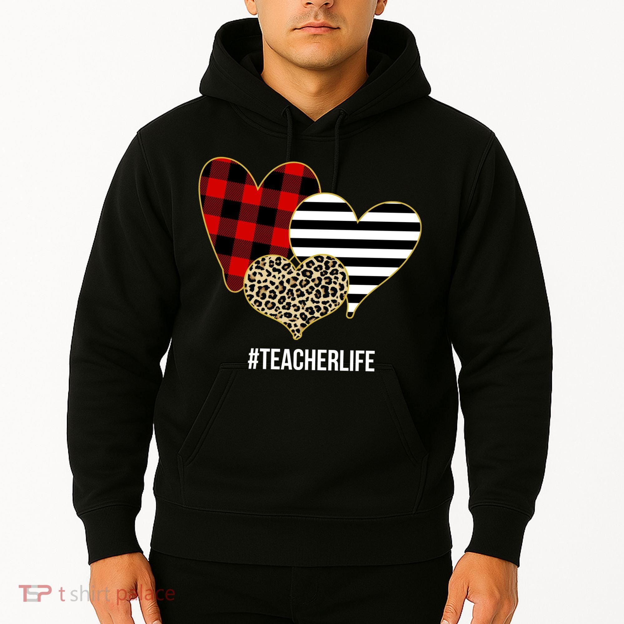 Leopard Red Plaid Striped Hearts Teacher Life Valentines Day Hoodie