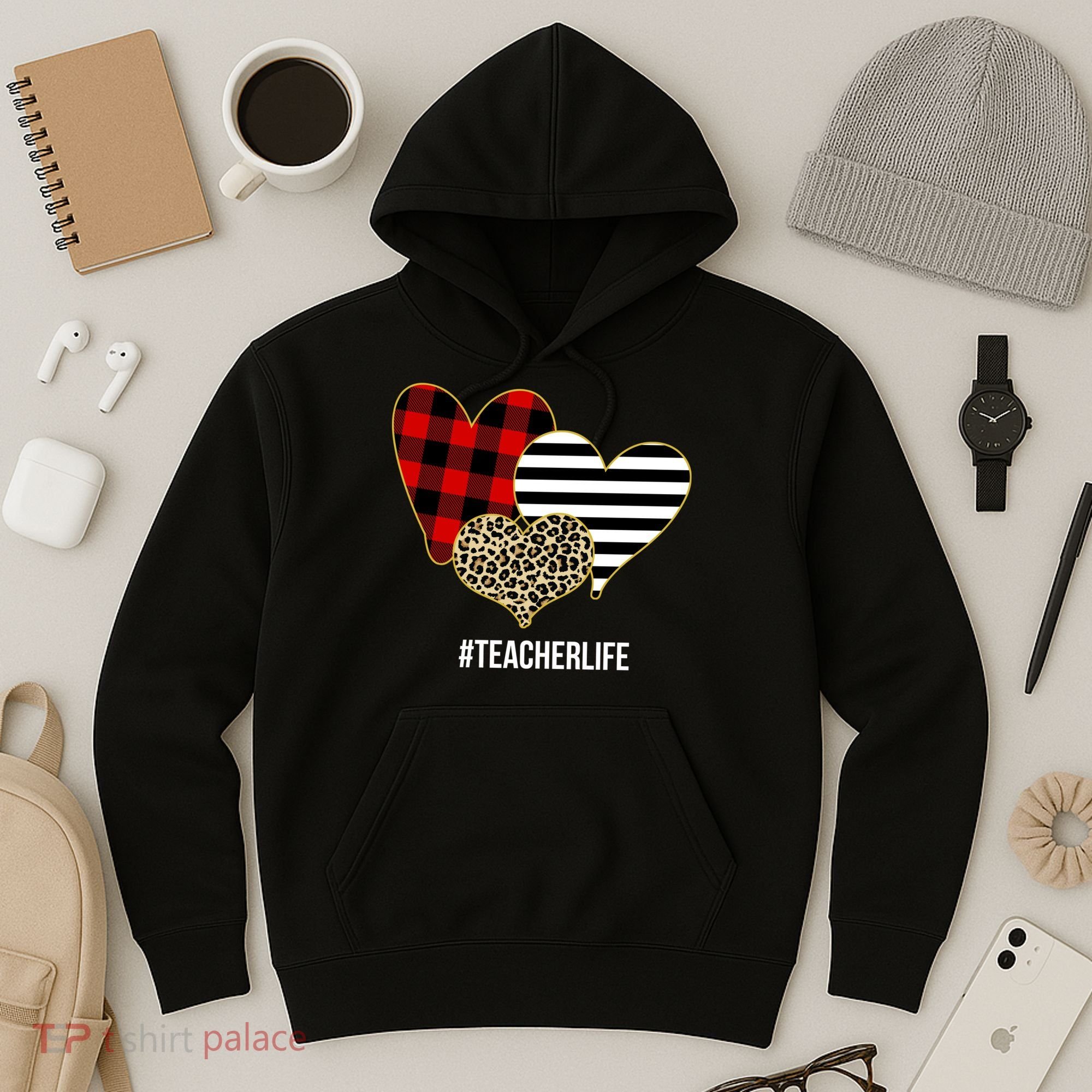 Leopard Red Plaid Striped Hearts Teacher Life Valentines Day Hoodie