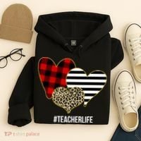 Leopard Red Plaid Striped Hearts Teacher Life Valentines Day Hoodie thumb 4