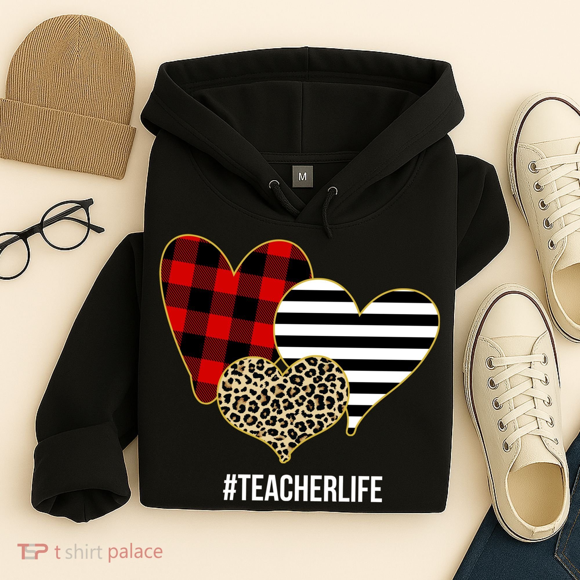Leopard Red Plaid Striped Hearts Teacher Life Valentines Day Hoodie