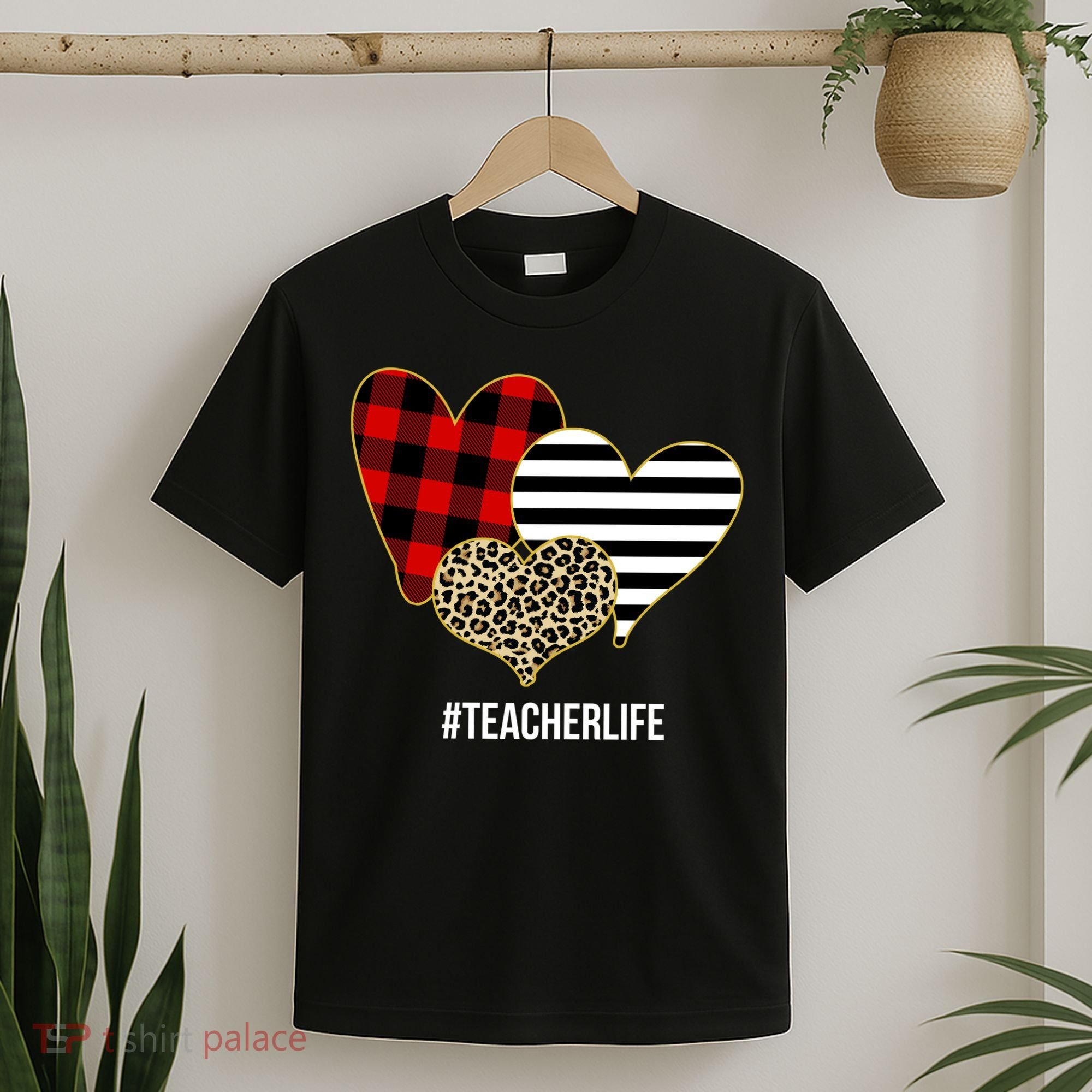 Leopard Red Plaid Striped Hearts Teacher Life Valentines Day T-Shirt