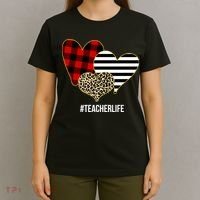 Leopard Red Plaid Striped Hearts Teacher Life Valentines Day T-Shirt thumb 4