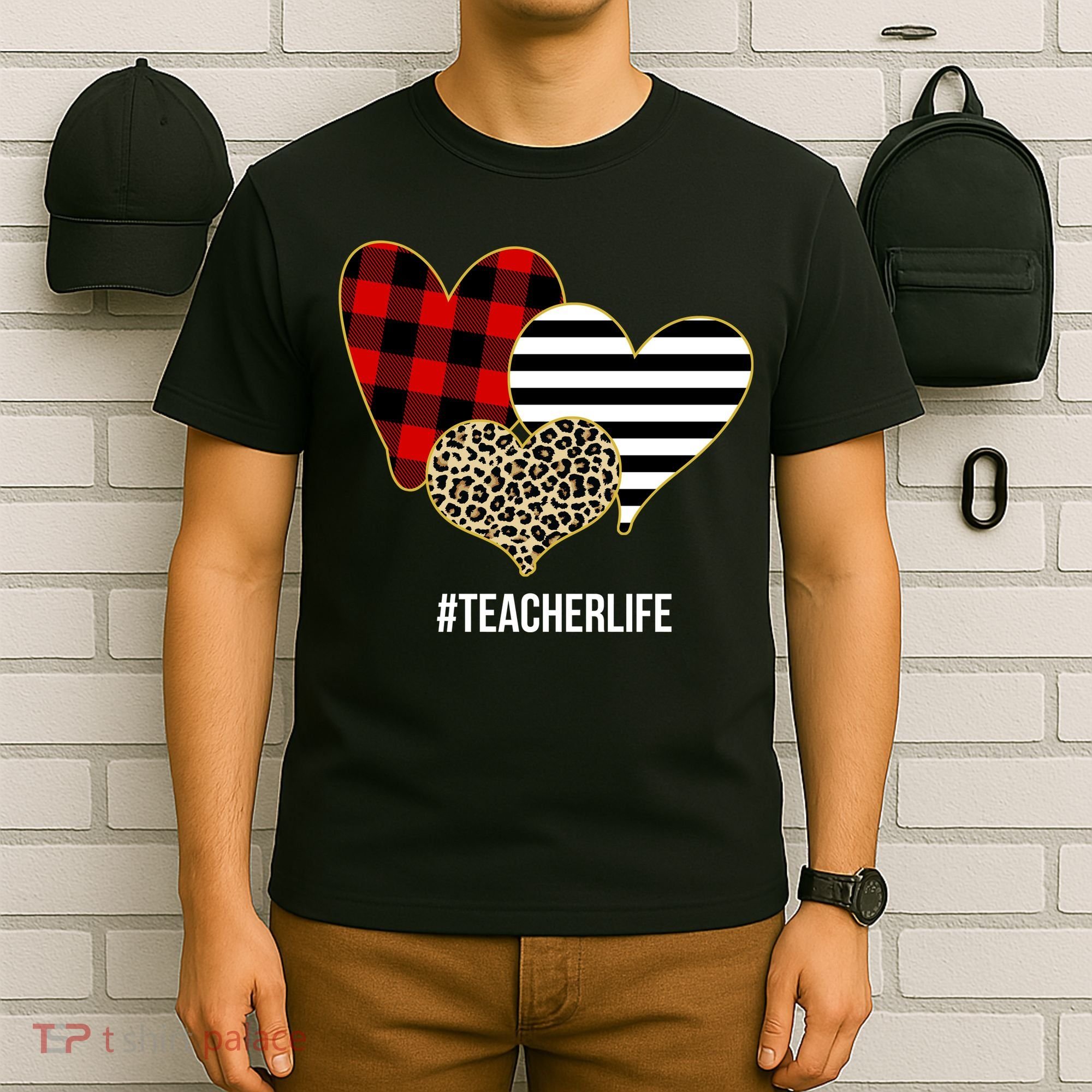 Leopard Red Plaid Striped Hearts Teacher Life Valentines Day T-Shirt