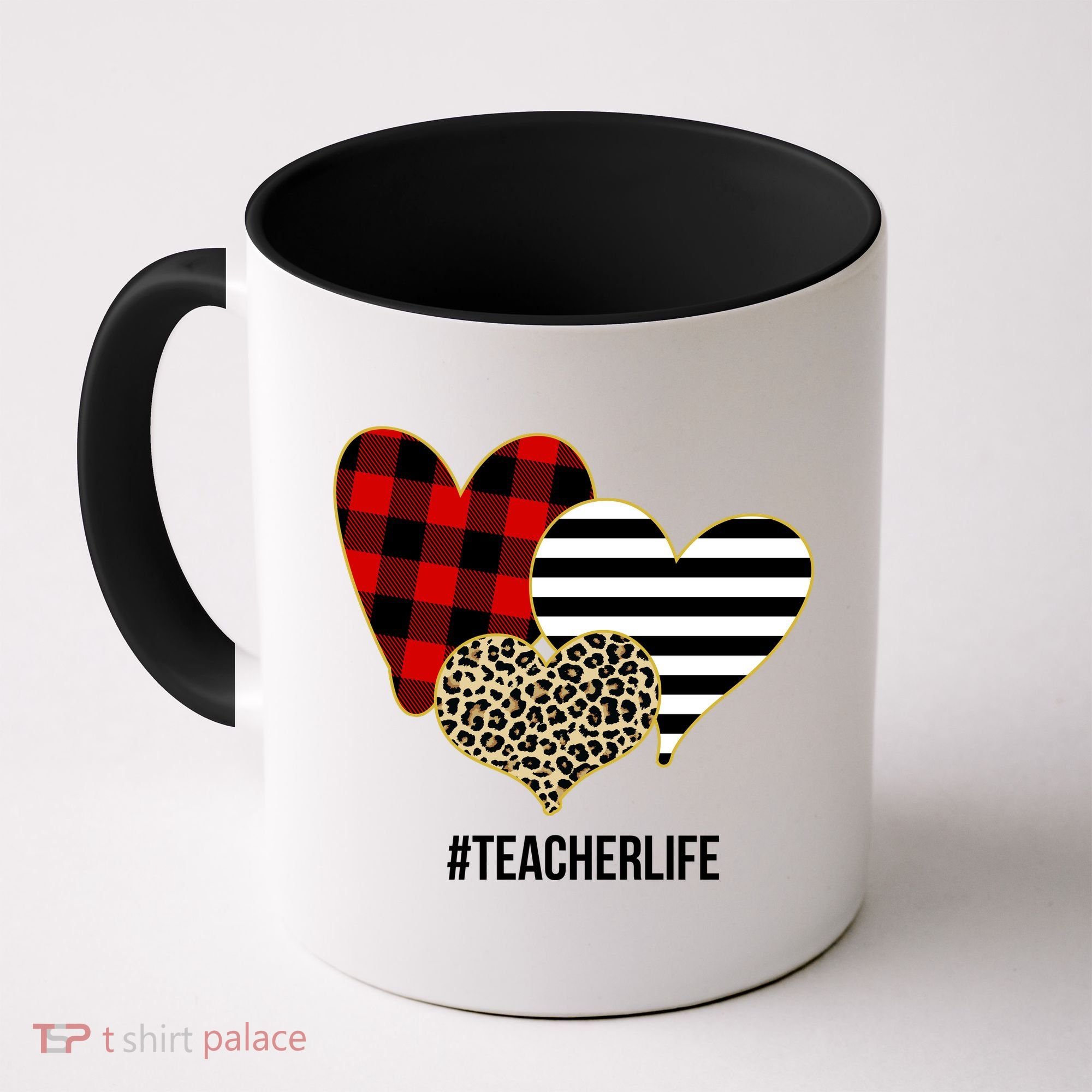 Leopard Red Plaid Striped Hearts Teacher Life Valentines Day Coffee Mug