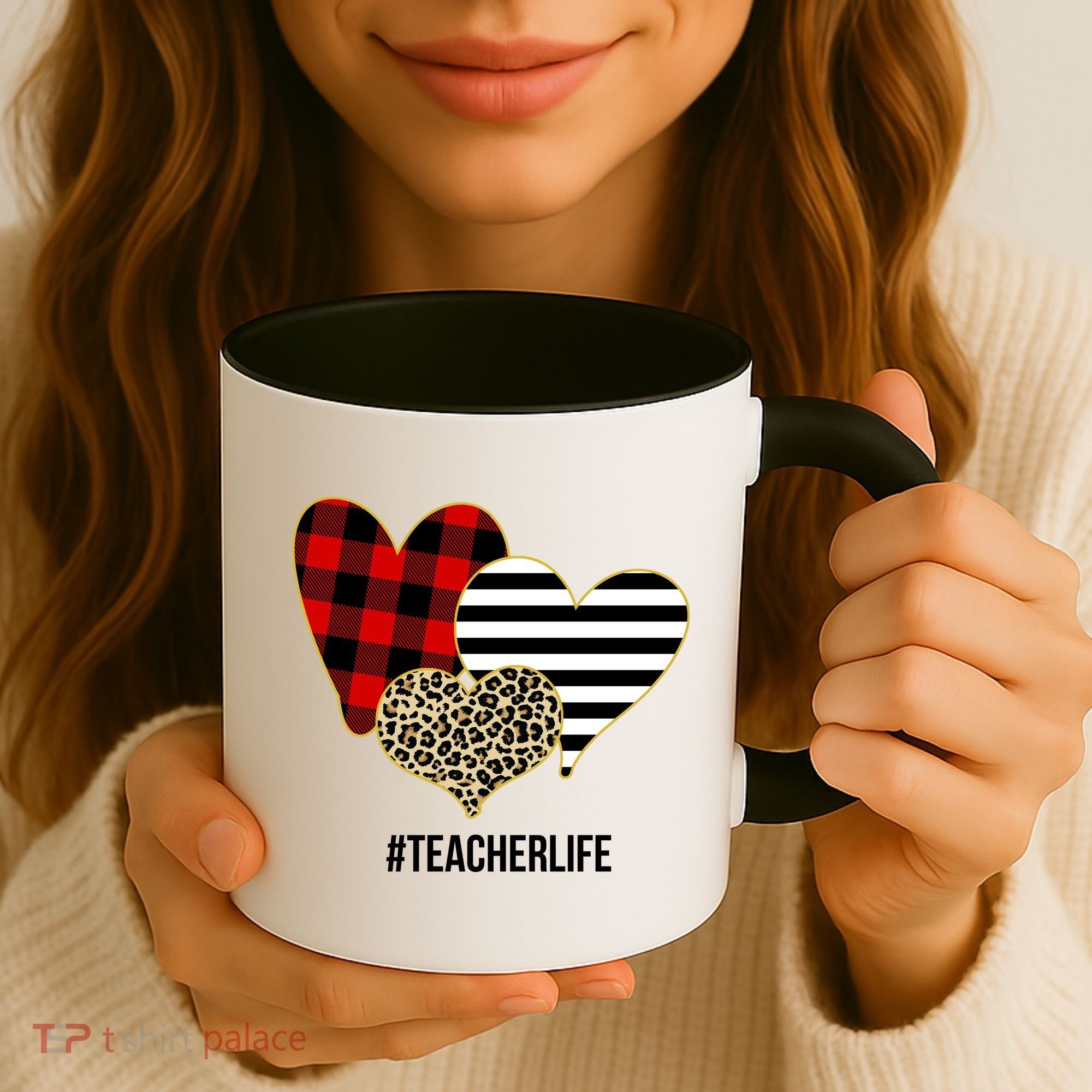 Leopard Red Plaid Striped Hearts Teacher Life Valentines Day Coffee Mug