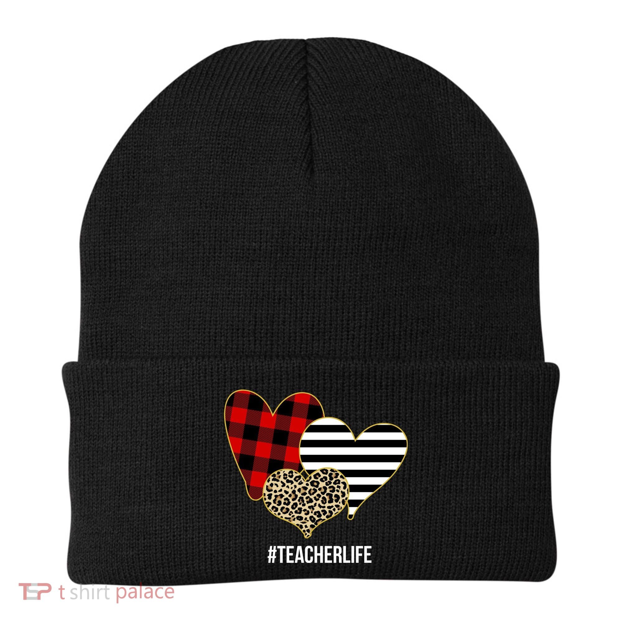 Leopard Red Plaid Striped Hearts Teacher Life Valentines Day Beanie