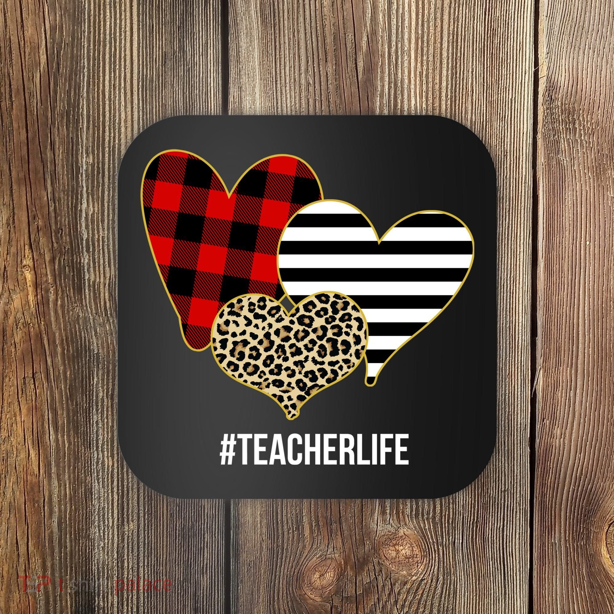 Leopard Red Plaid Striped Hearts Teacher Life Valentines Day Coaster