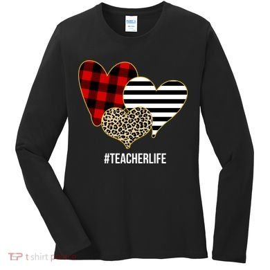 Leopard Red Plaid Striped Hearts Teacher Life Valentines Day Women's Long Sleeve Shirt