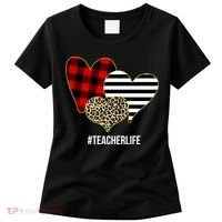 Leopard Red Plaid Striped Hearts Teacher Life Valentines Day Women's T-Shirt thumb 0