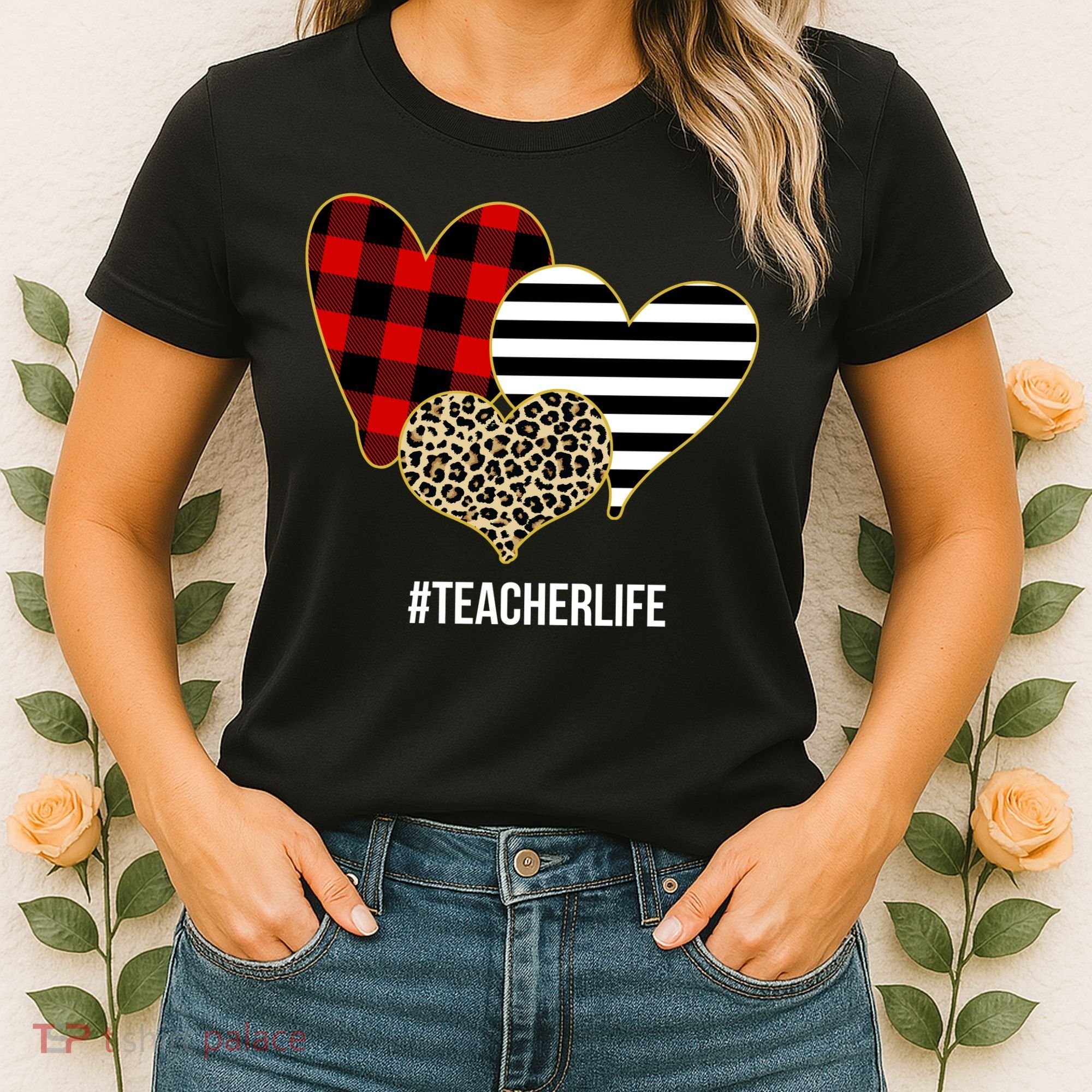 Leopard Red Plaid Striped Hearts Teacher Life Valentines Day Women's T-Shirt