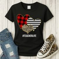 Leopard Red Plaid Striped Hearts Teacher Life Valentines Day Women's T-Shirt thumb 3
