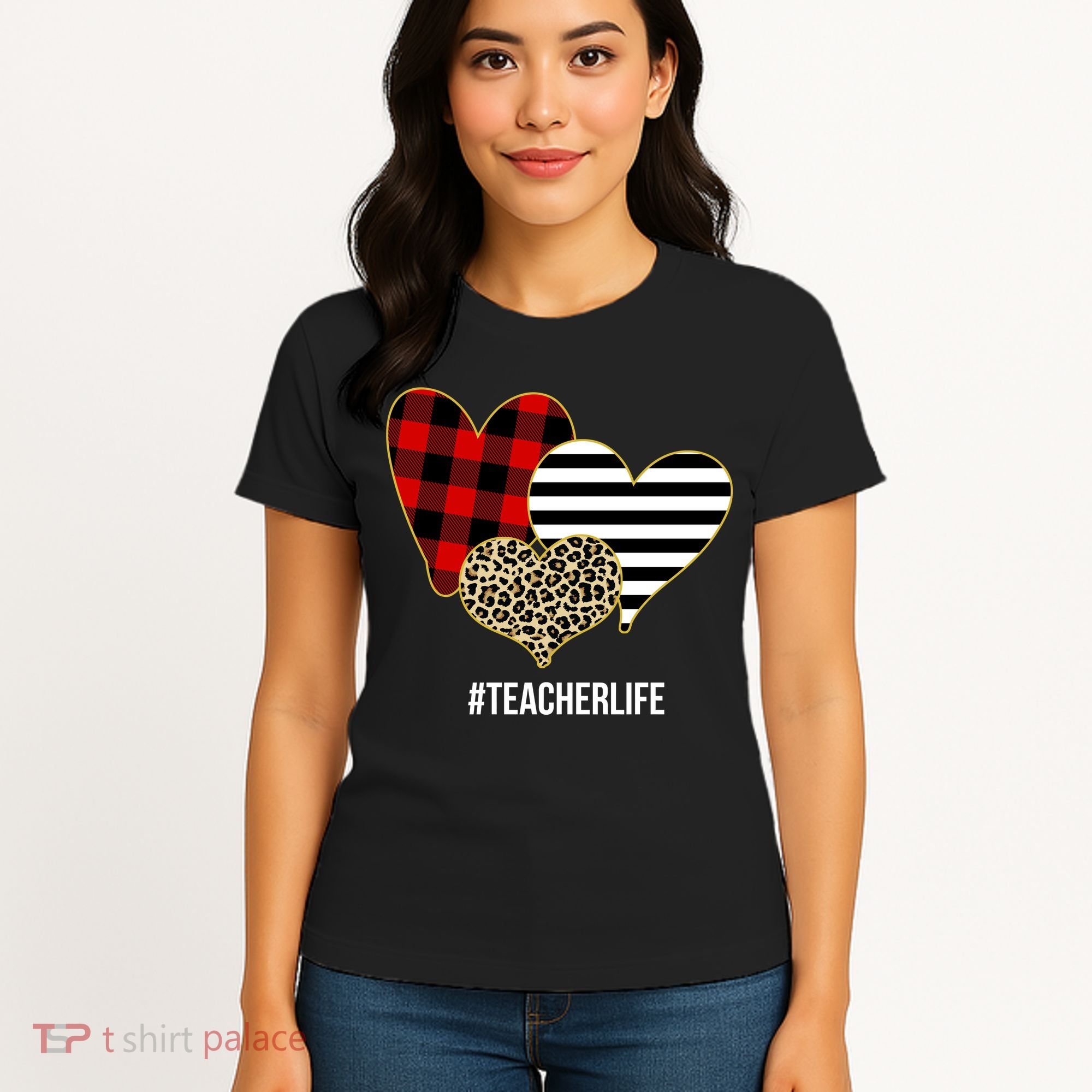 Leopard Red Plaid Striped Hearts Teacher Life Valentines Day Women's T-Shirt