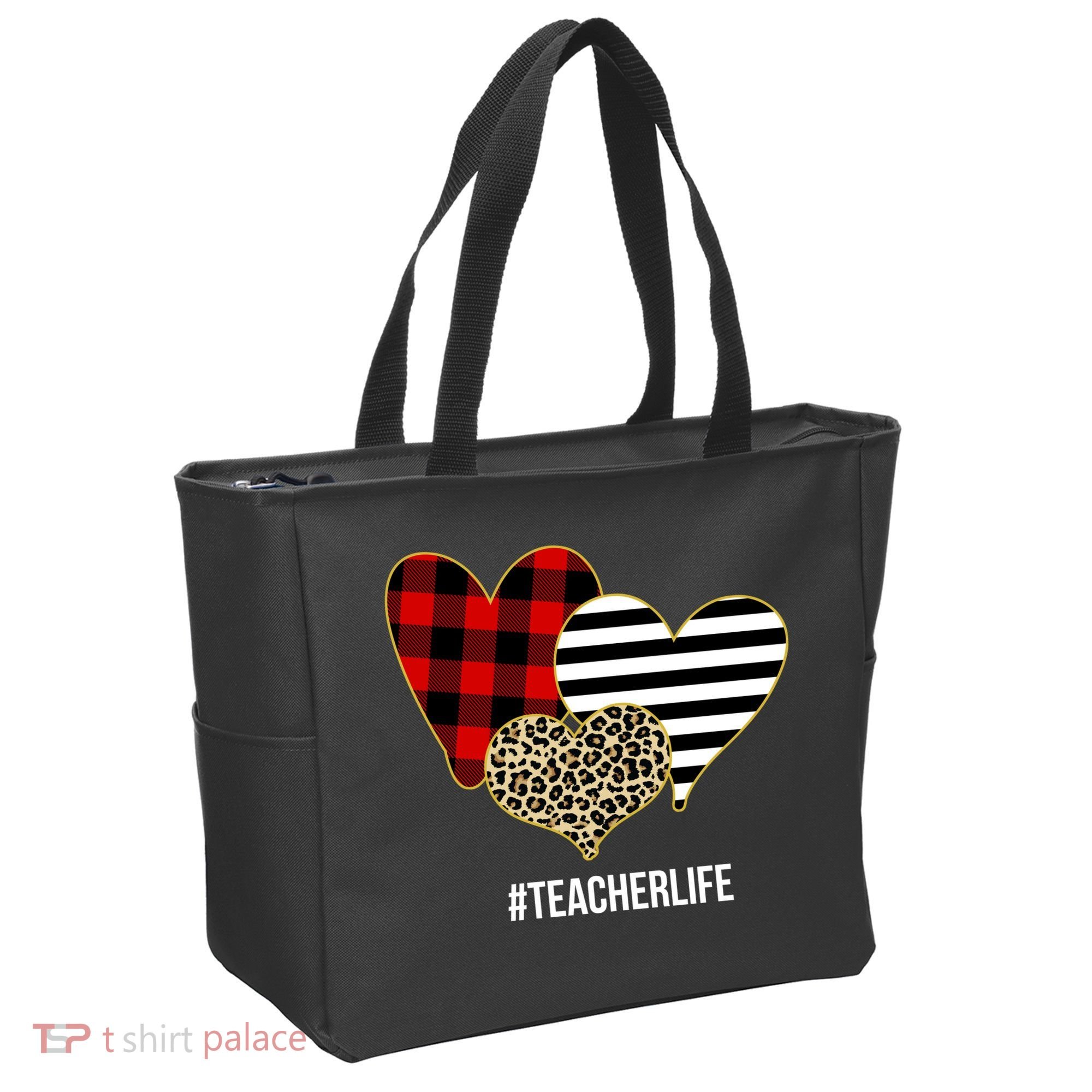 Leopard Red Plaid Striped Hearts Teacher Life Valentines Day Tote Bag