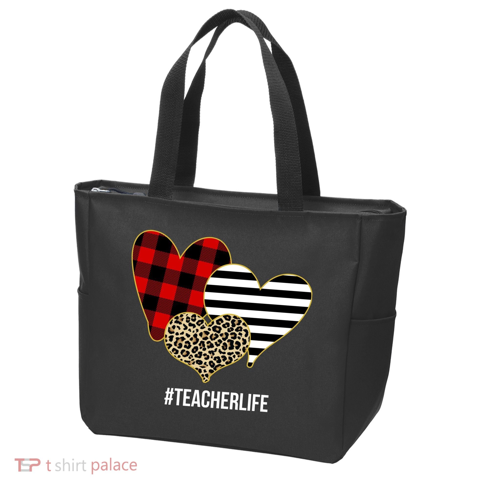Leopard Red Plaid Striped Hearts Teacher Life Valentines Day Tote Bag