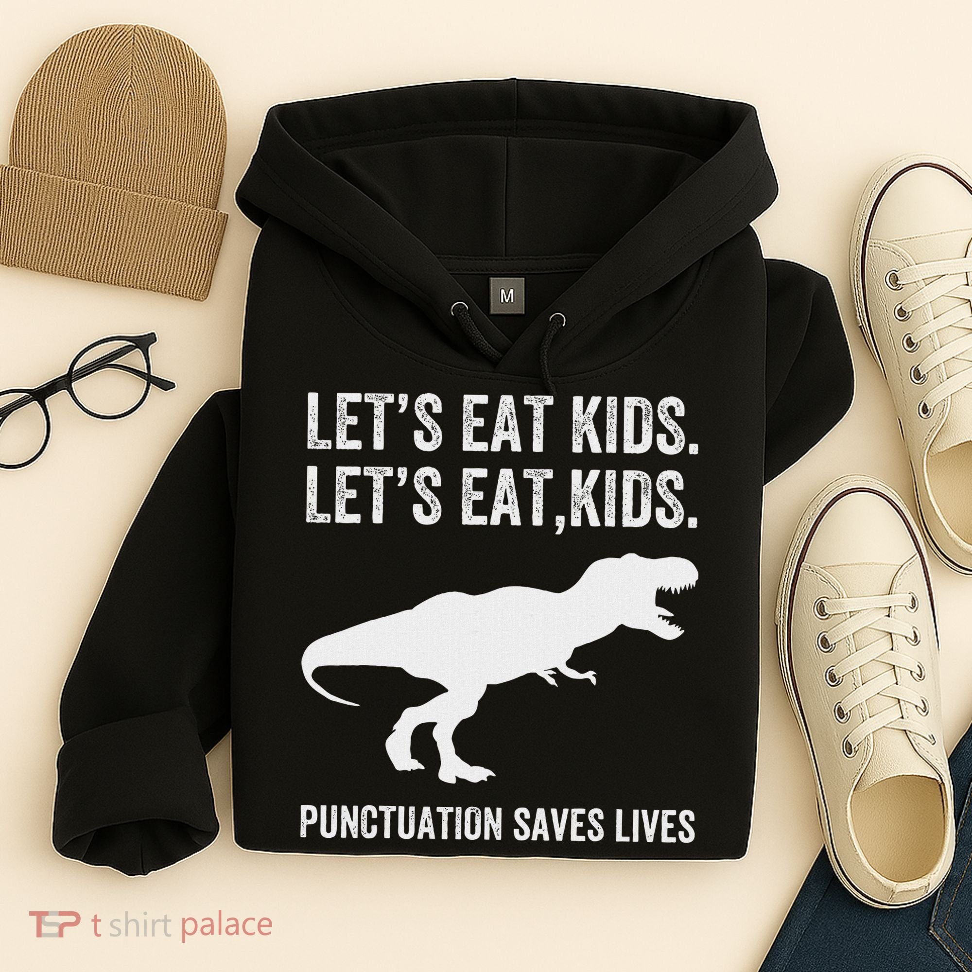 LetS Eat Punctuation Saves Lives Grammar Funny Dino Hoodie