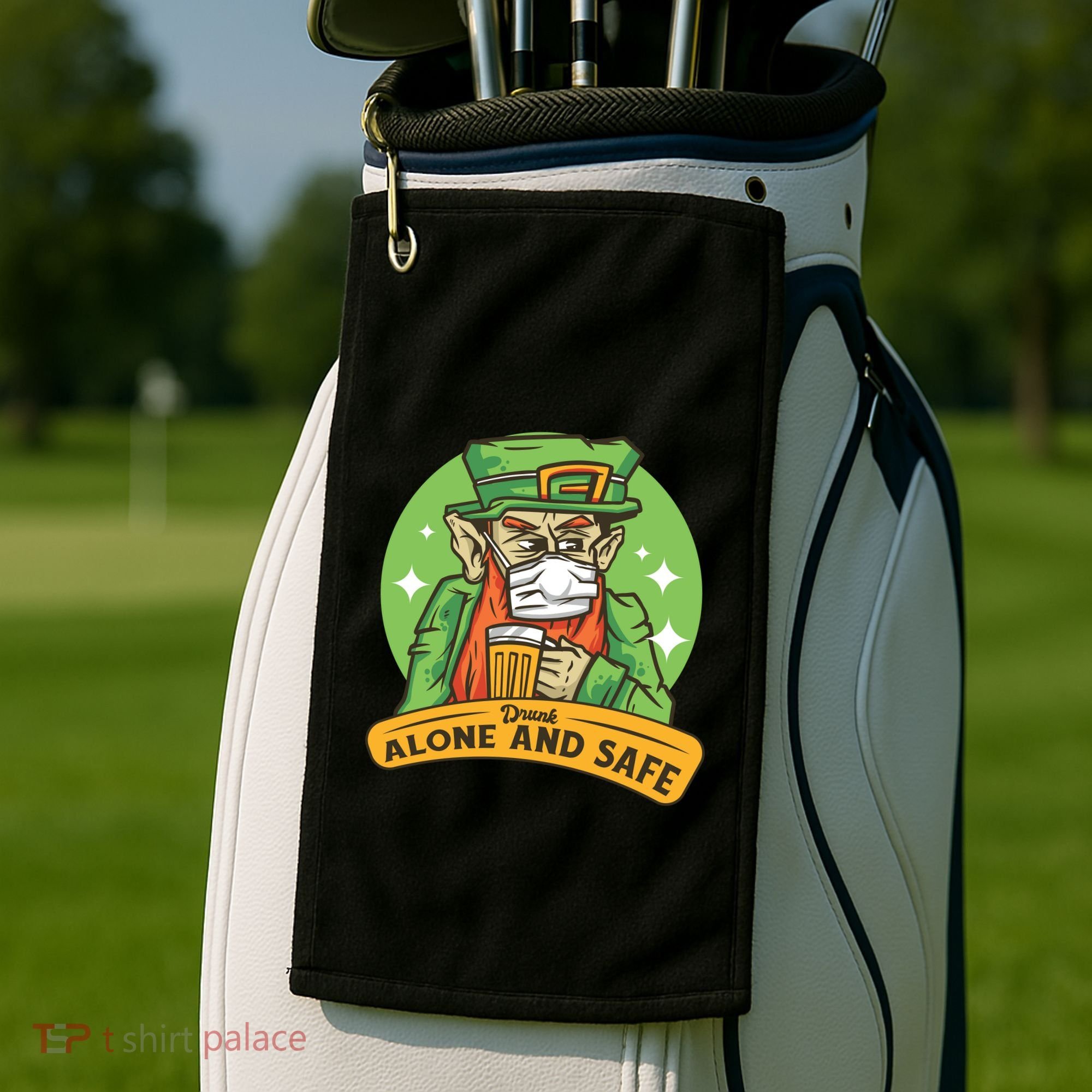 Leprechaun Drink Alone and Safe Funny Facemask Golf Towel