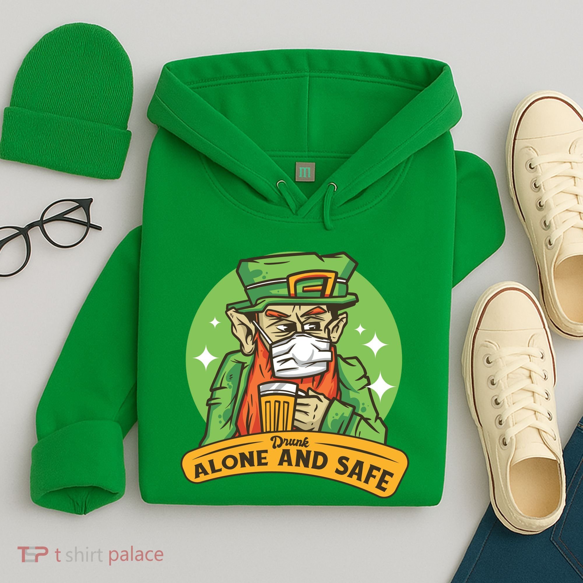 Leprechaun Drink Alone and Safe Funny Facemask Hoodie