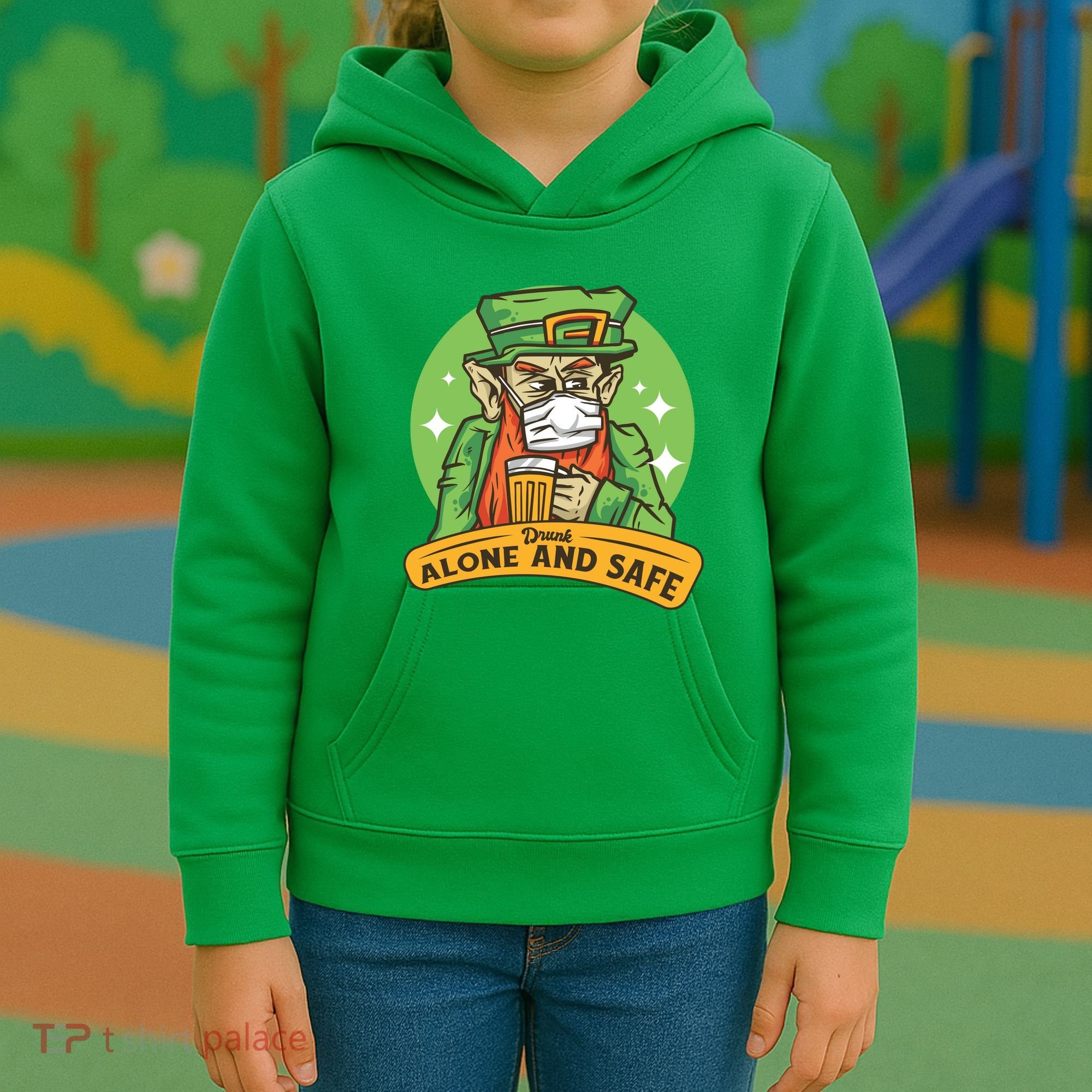 Leprechaun Drink Alone and Safe Funny Facemask Kids Hoodie