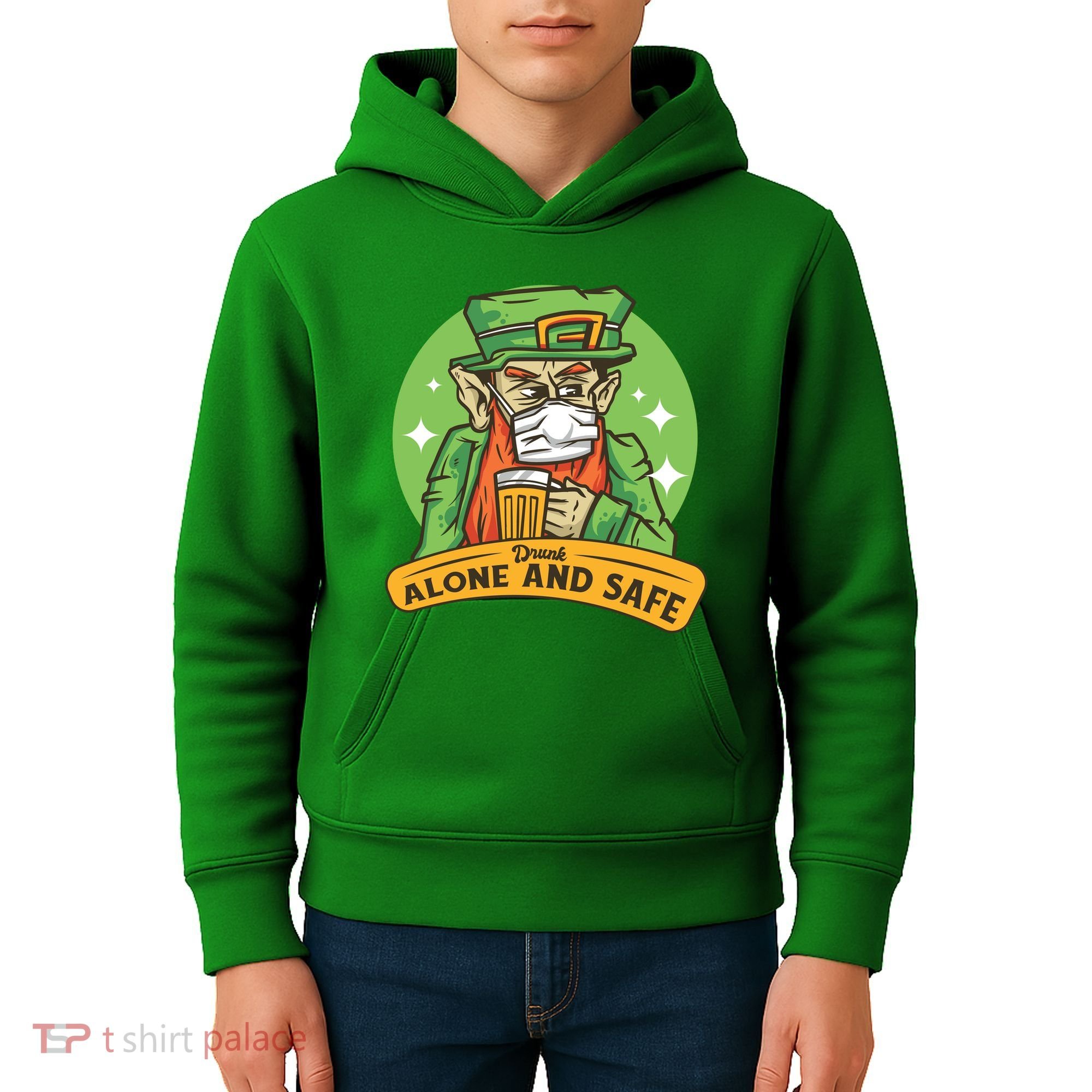 Leprechaun Drink Alone and Safe Funny Facemask Kids Hoodie