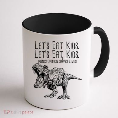 Let's Eat Kids Punctuation Saves Lives Dinosaur Coffee Mug back