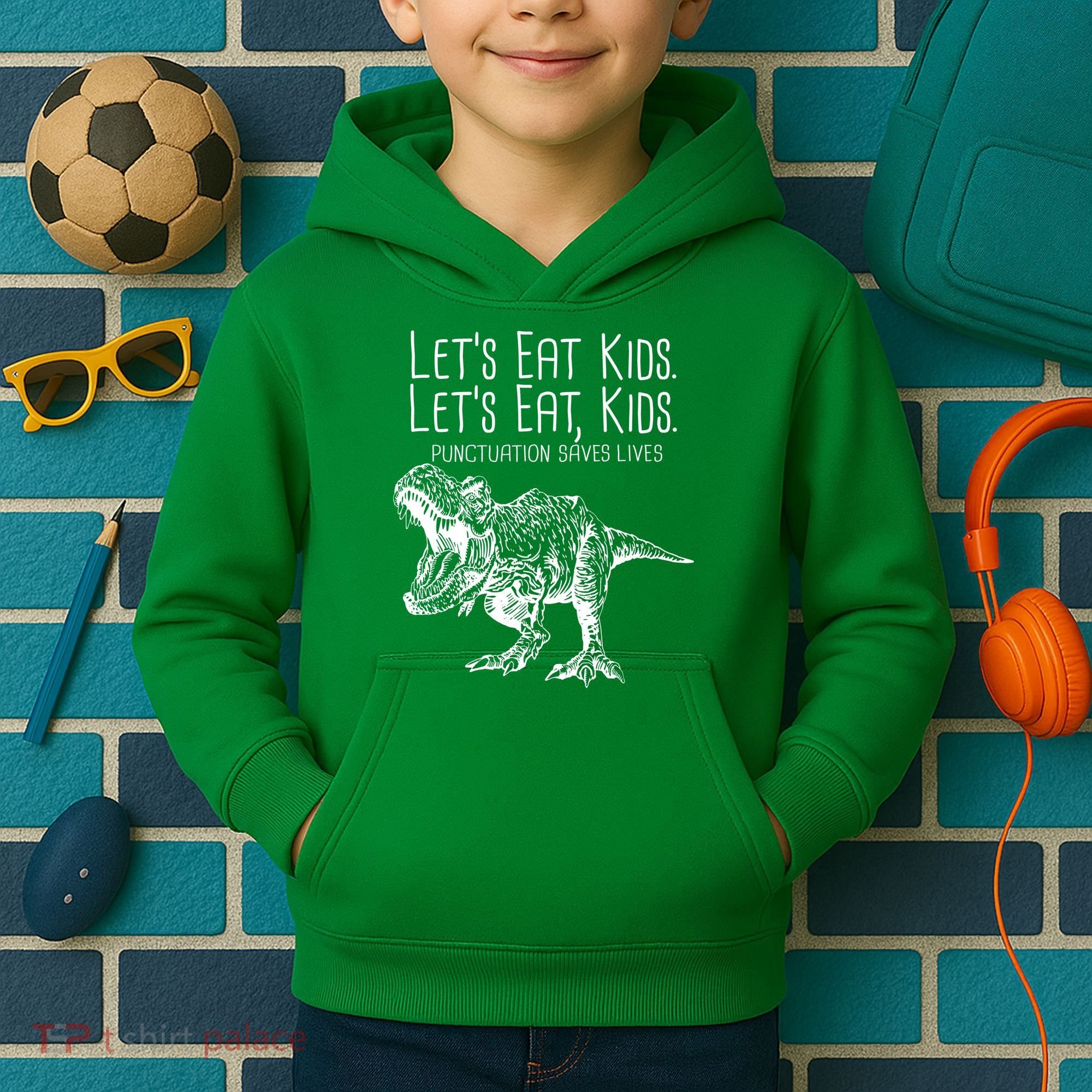 Let's Eat Kids Punctuation Saves Lives Dinosaur Kids Hoodie