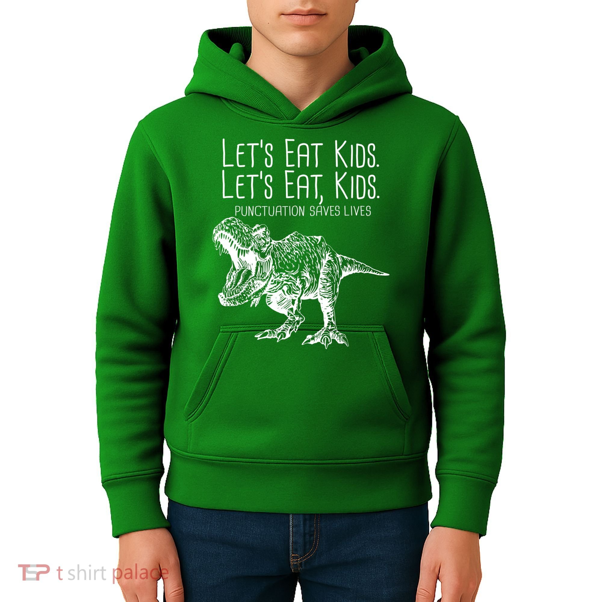 Let's Eat Kids Punctuation Saves Lives Dinosaur Kids Hoodie