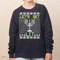 Let's Get Lit Funny Hanukkah Ugly Women's Sweatshirt thumb 0