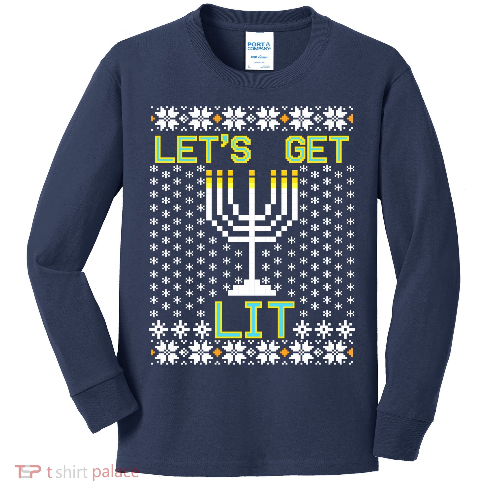 Let's Get Lit Funny Hanukkah Ugly Kids Long Sleeve Shirt