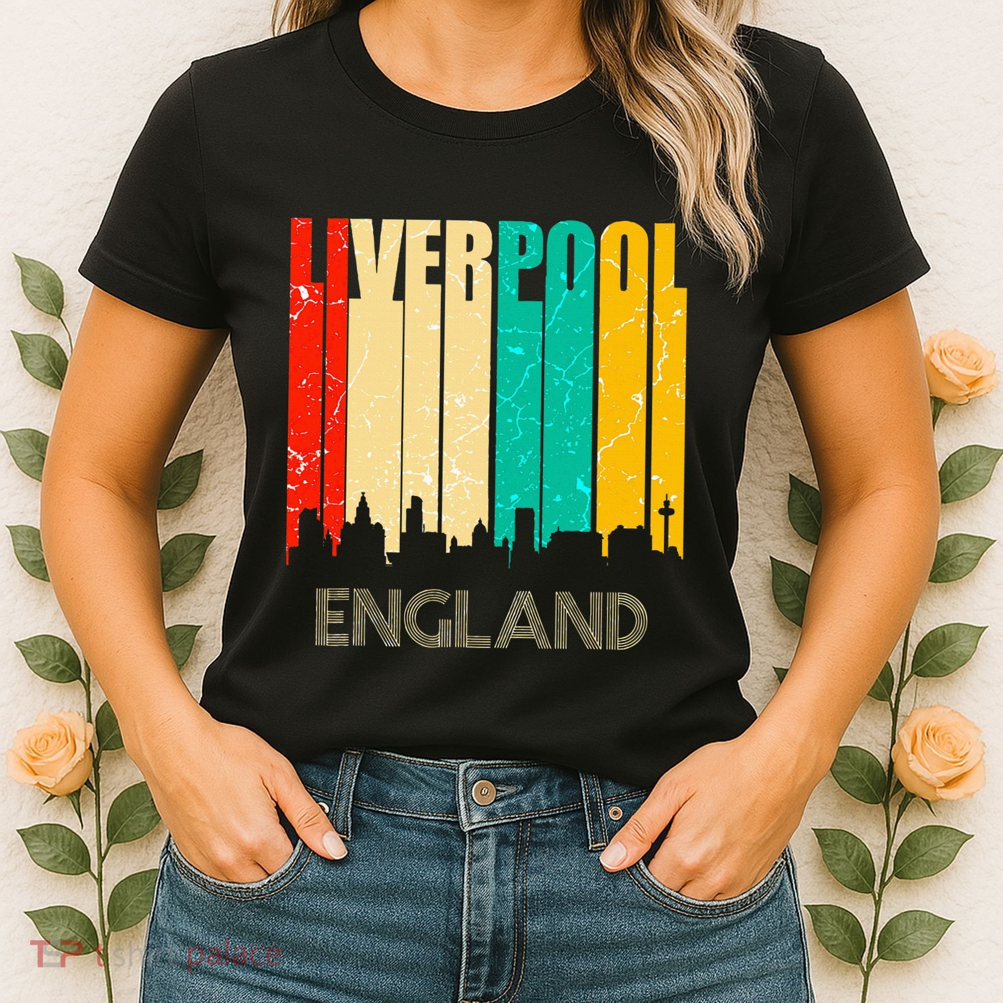 Liverpool England United Kingdom Retro City Skyline Women's T-Shirt