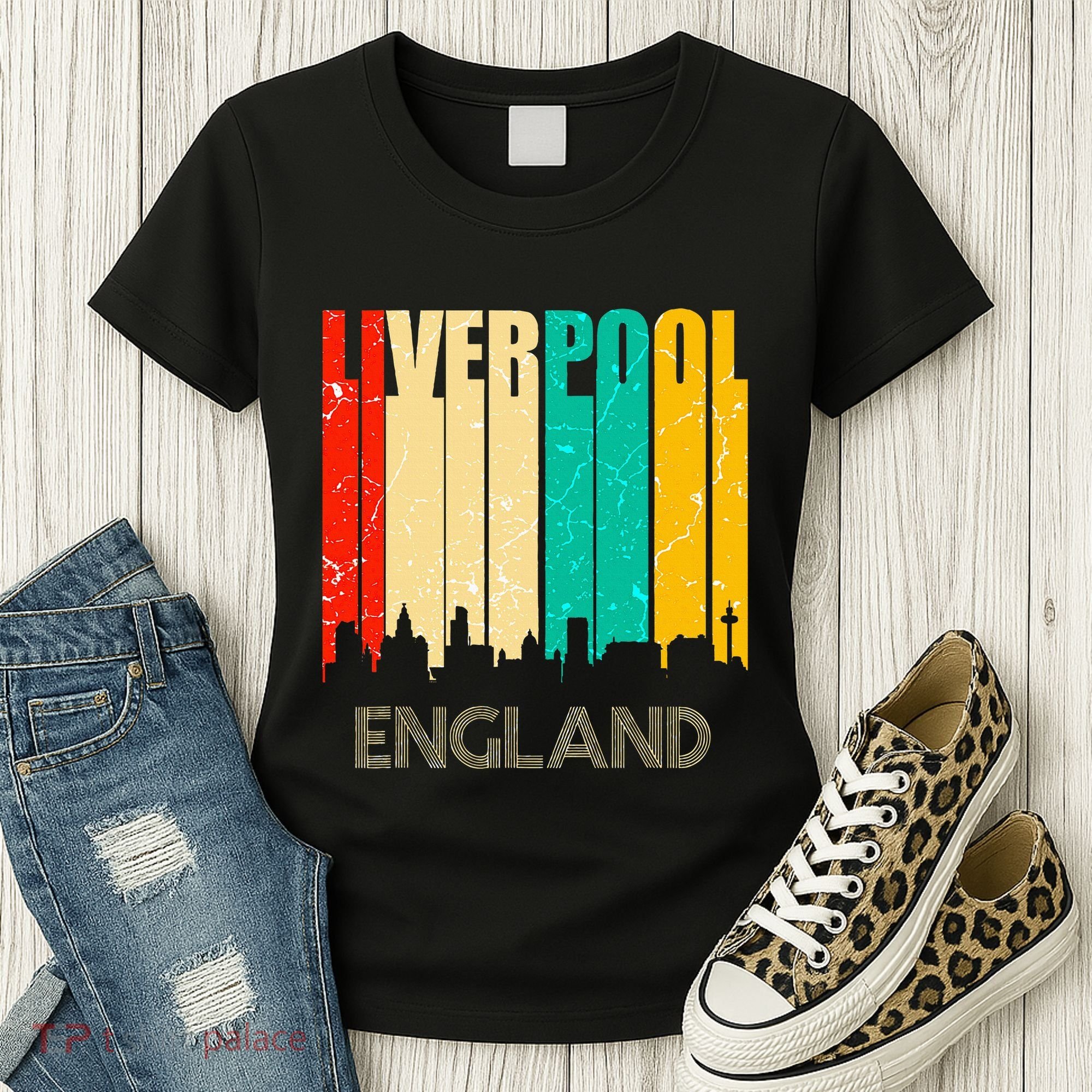 Liverpool England United Kingdom Retro City Skyline Women's T-Shirt