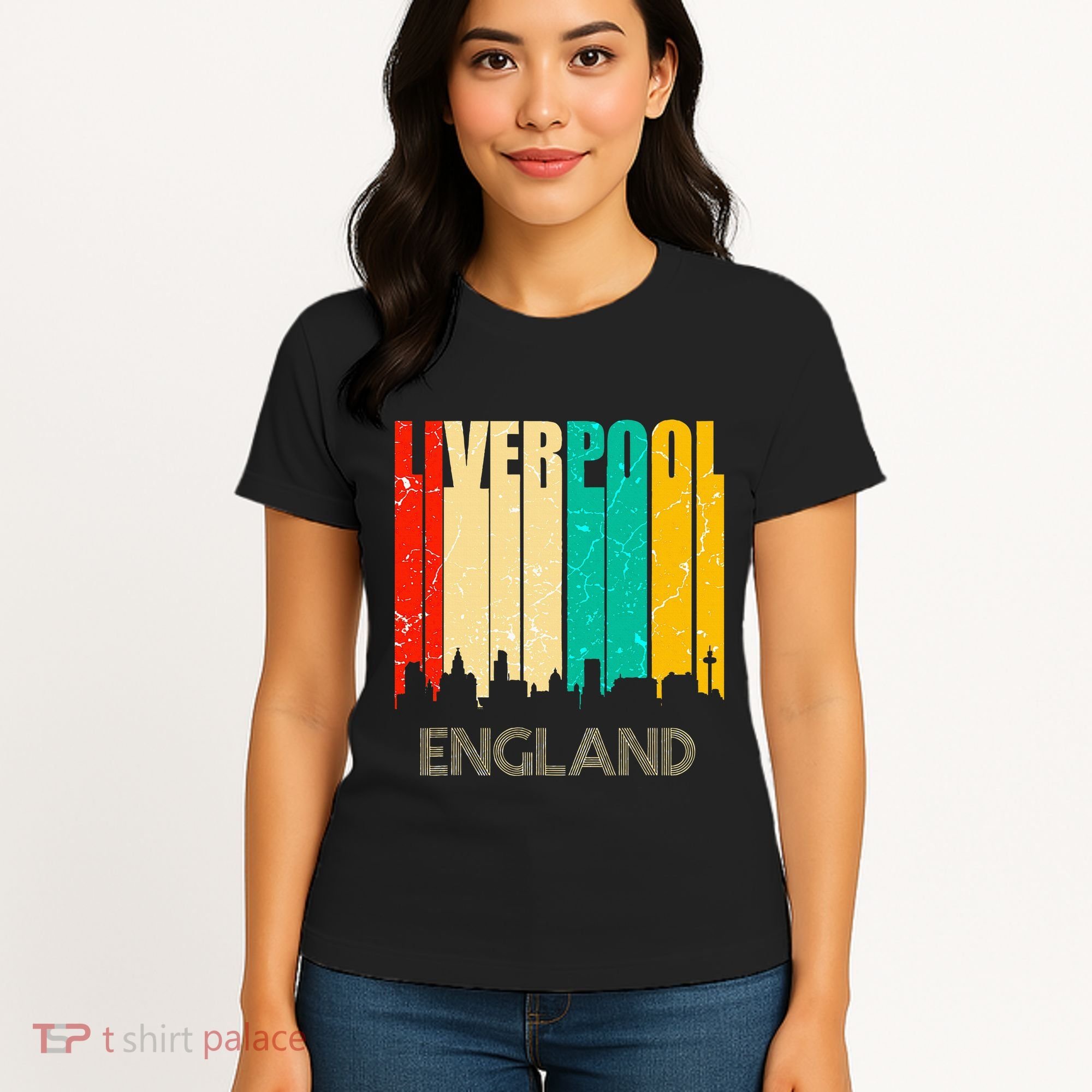 Liverpool England United Kingdom Retro City Skyline Women's T-Shirt