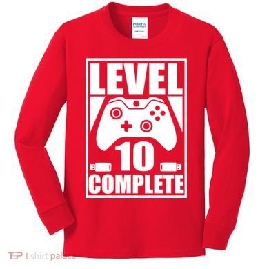 Level 10 Complete Video Gamer 10th Birthday Kids Long Sleeve Shirt