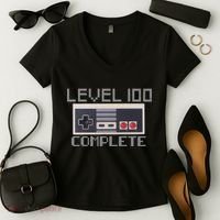 Level 100 Complete Retro Gamer 100th Birthday Women's V-Neck T-Shirt thumb 2