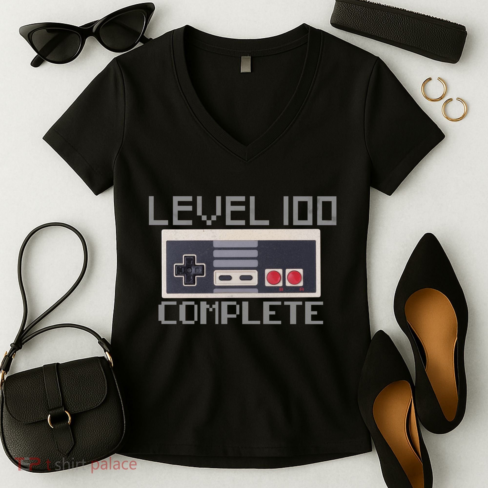 Level 100 Complete Retro Gamer 100th Birthday Women's V-Neck T-Shirt