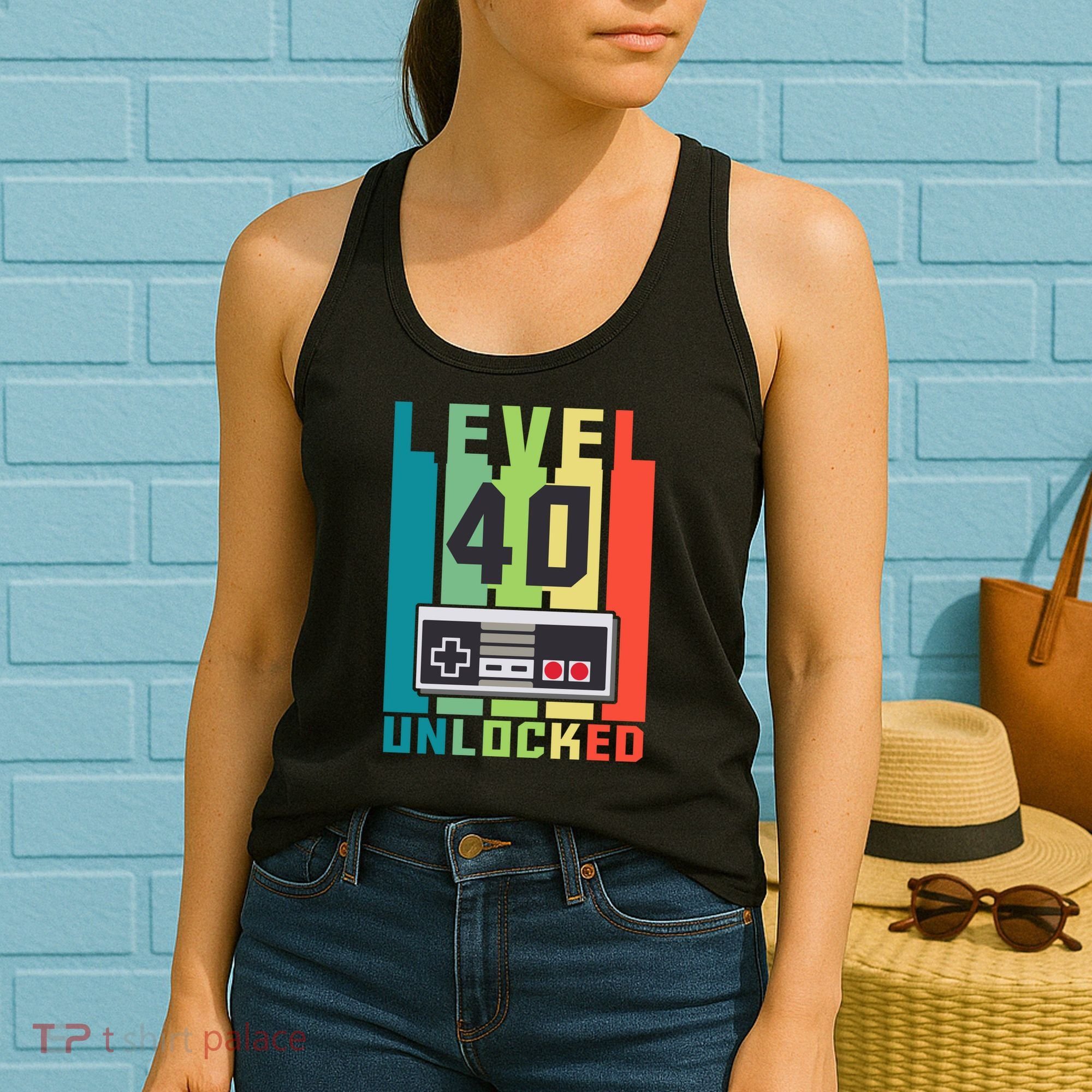Level 40 Unlocked Funny Retro Gamer Birthday Women's Tank Top