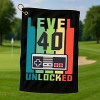 Level 40 Unlocked Funny Retro Gamer Birthday Golf Towel thumb 1