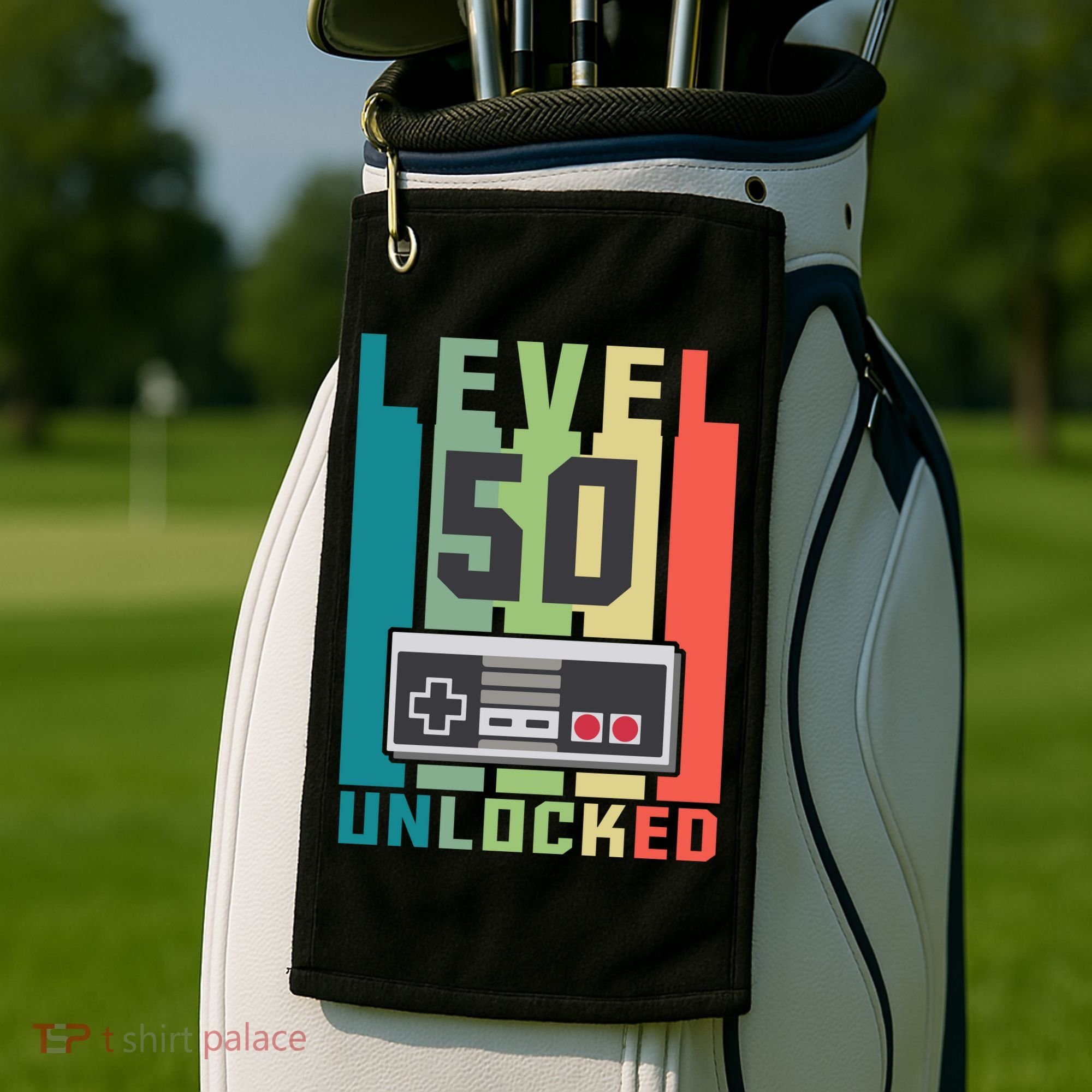 Level 50 Unlocked Funny Retro Gamer Birthday Golf Towel
