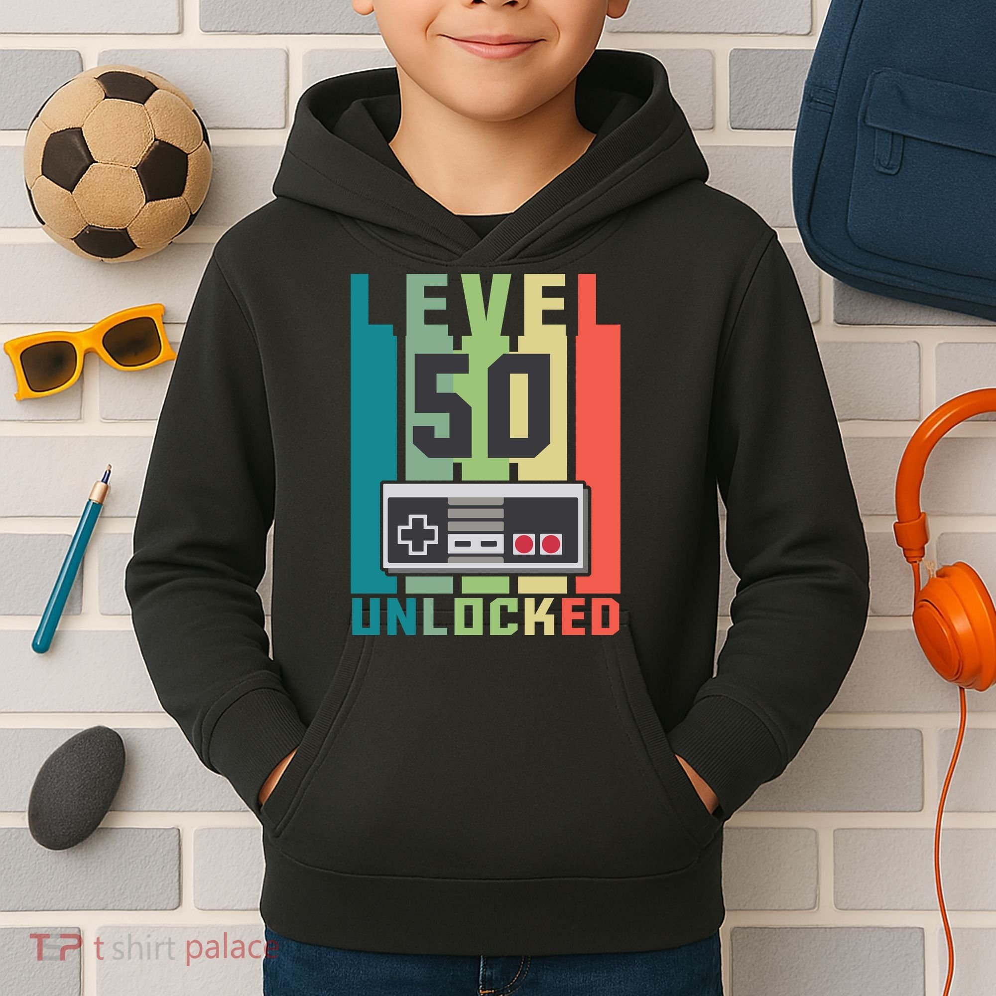 Level 50 Unlocked Funny Retro Gamer Birthday Kids Hoodie