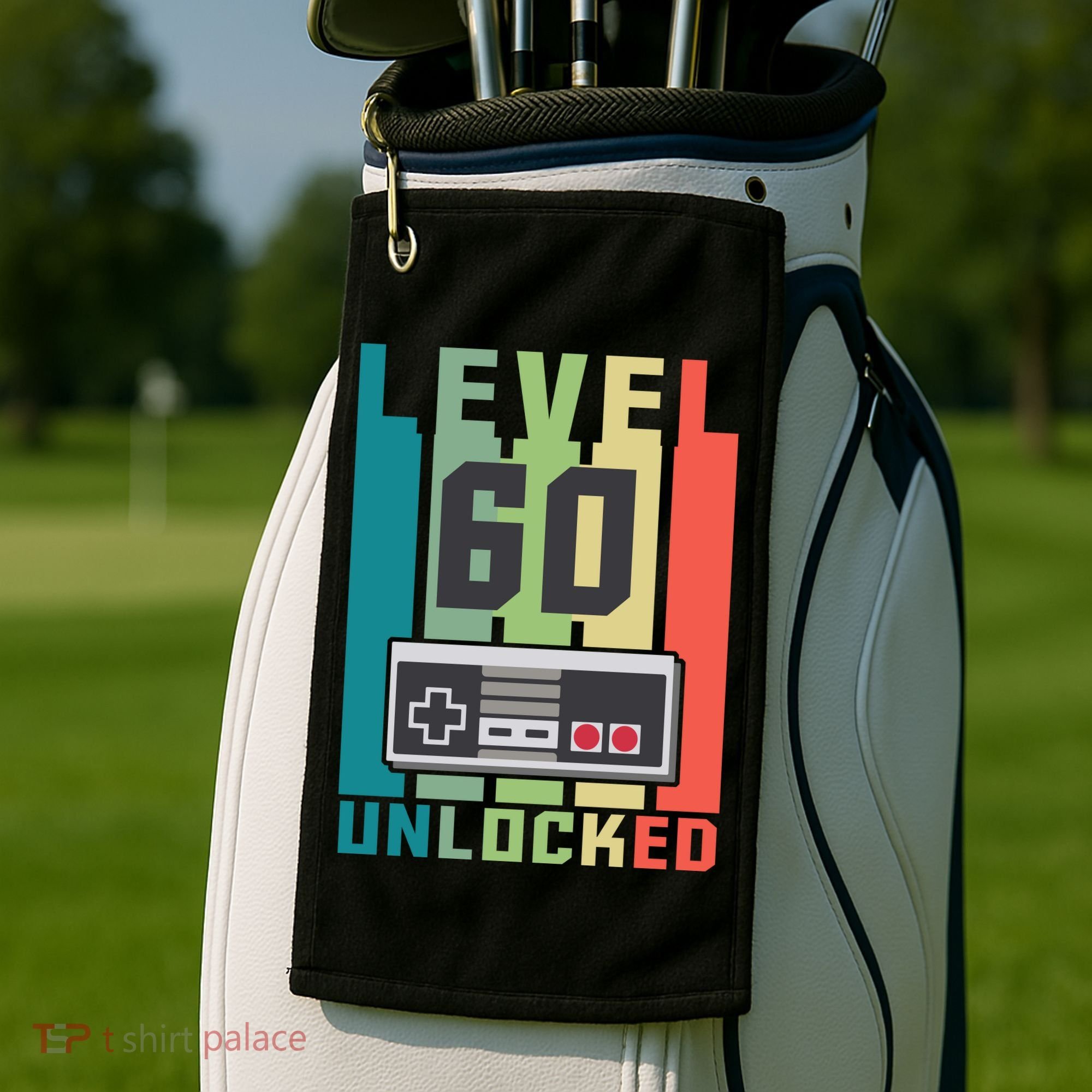 Level 60 Unlocked Funny Retro Gamer Birthday Golf Towel